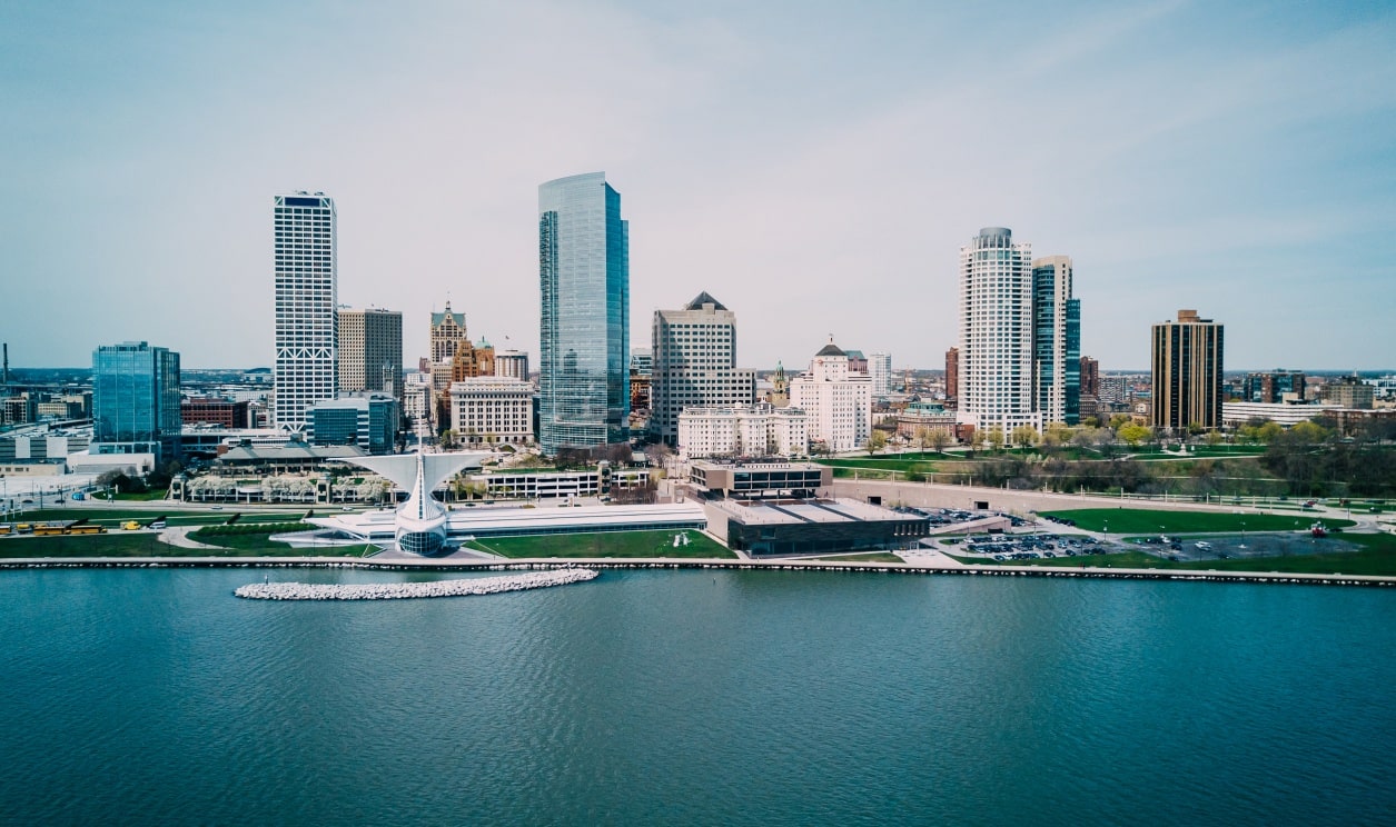 skyline of Milwaukee, WI shot from Lake Michigan