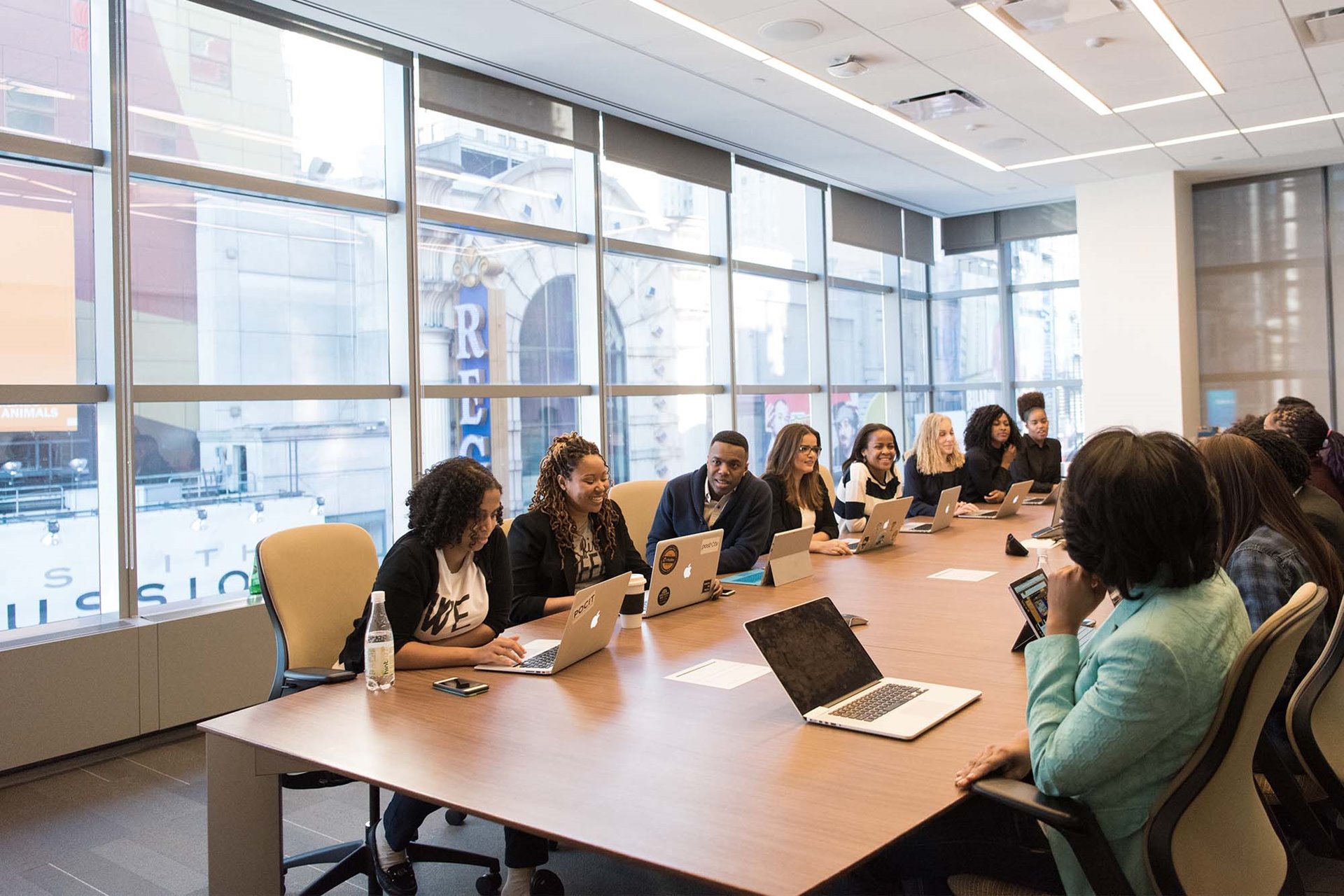 A team engaged in a business meeting. 