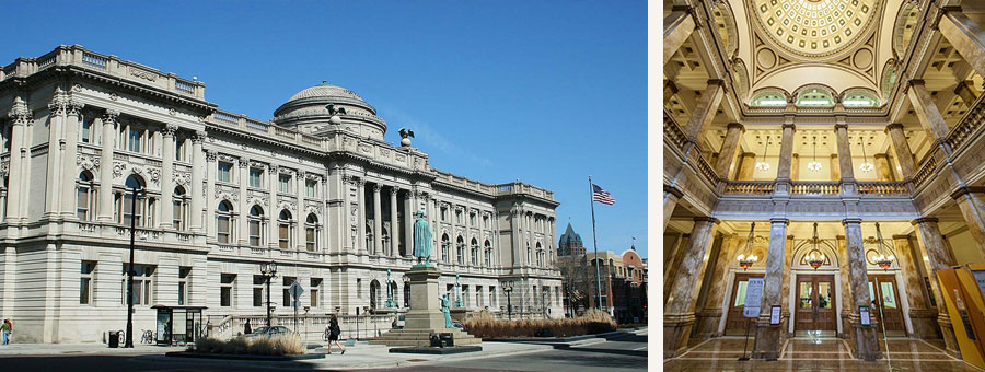 Two views of the Milwaukee Public Library Central Branch. Left: Stone exterior. Right: Interior marble floors, columns and balconies.