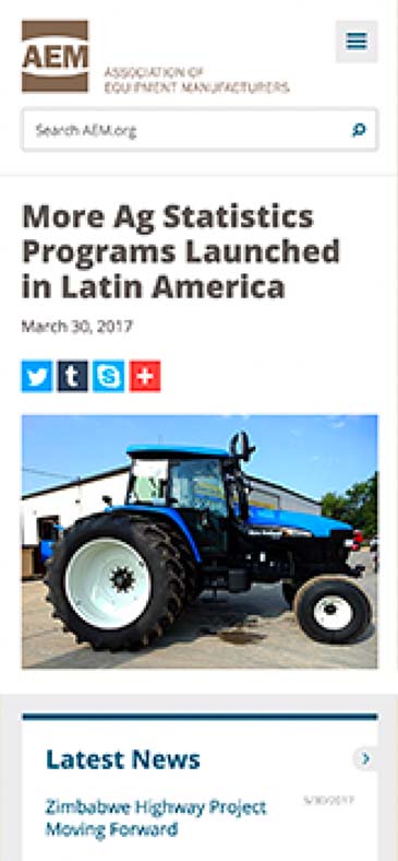 Screenshot of AEM news article titled "More Ag Statistics Programs Launched in Latin America" on mobile phone