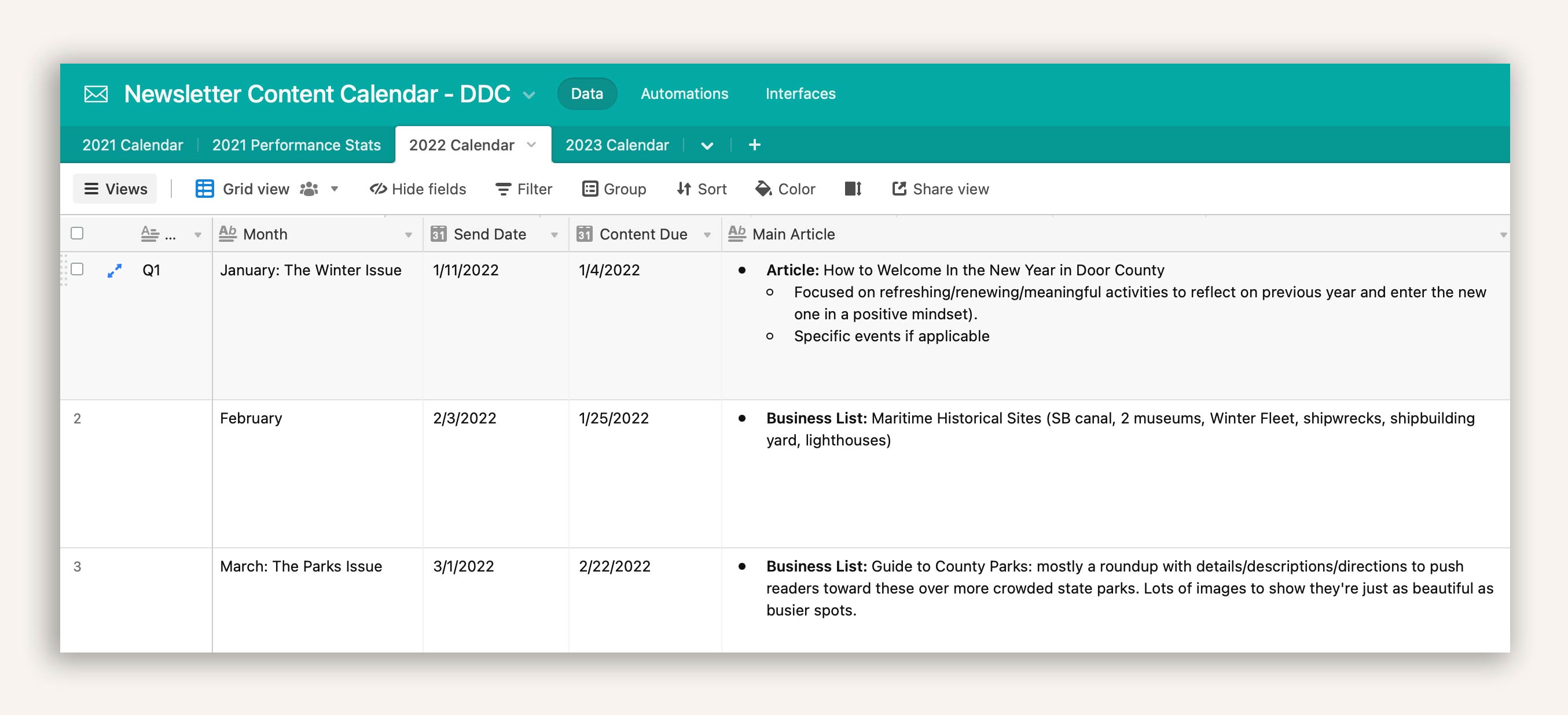 Email marketing content calendar