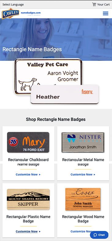 Web design on mobile for namebadges.com
