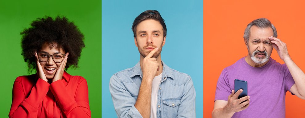 Graphic of 3 people - (left) surprised woman on green background (middle) man pondering on blue background (right) man confused on orange background