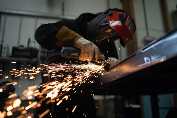 A person in a manufacturing warehouse welding a large metal product.
