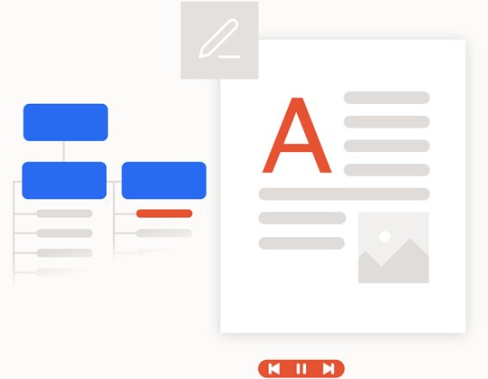 An illustrated depiction of content architecture for a website or application, what's a picture of a document and other media.