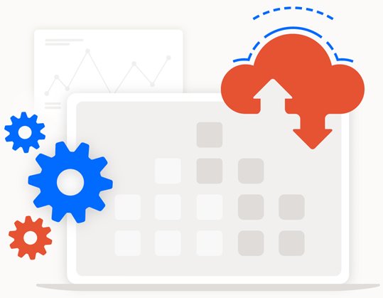 An illustrated depiction of a CMS dashboard and report with gears and server upload graphics.