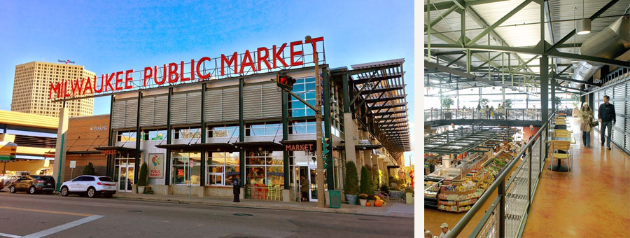 Two views of the Milwaukee Public Market. Left: Exterior with the iconic Milwaukee Public Market sign. Right: Interior view with a couple walking on the second floor overlooking the food stands below.
