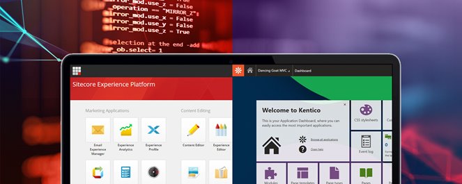 Split screen of laptop showing migration from Sitecore to Kentico