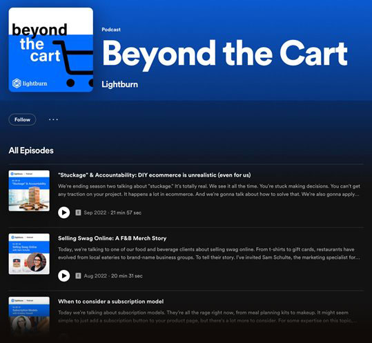 A snapshot of  Beyond the Cart, Lightburn's ecommerce podcast's homepage on Spotify.