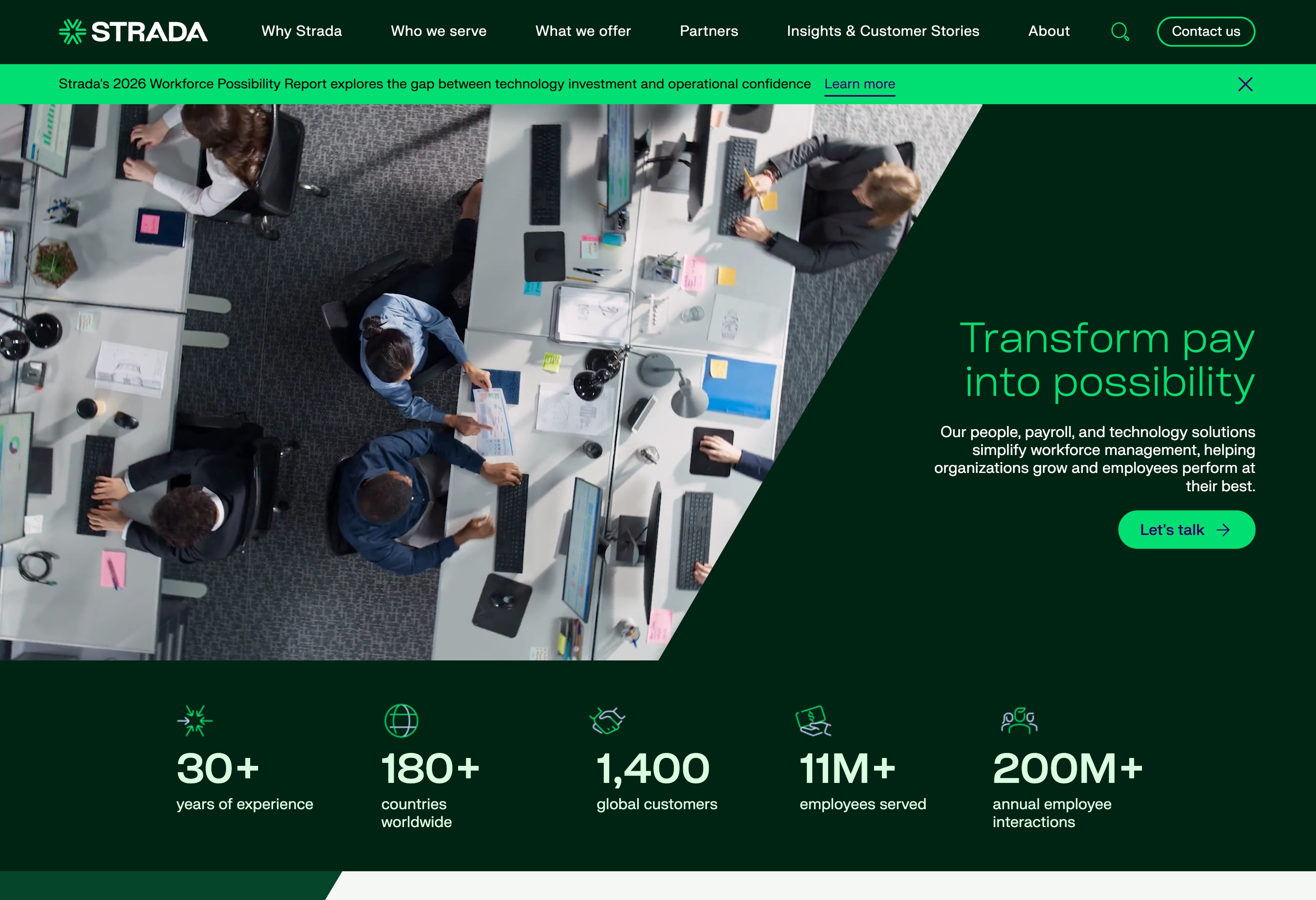Strada homepage hero with the headline 'Transform pay into possibility' and a 'Let's talk' button beside an overhead photo of an open-plan office, above a statistics bar reading 30+ years of experience, 180+ countries worldwide, 1,400 global customers, 11M+ employees served, and 200M+ annual employee interactions.