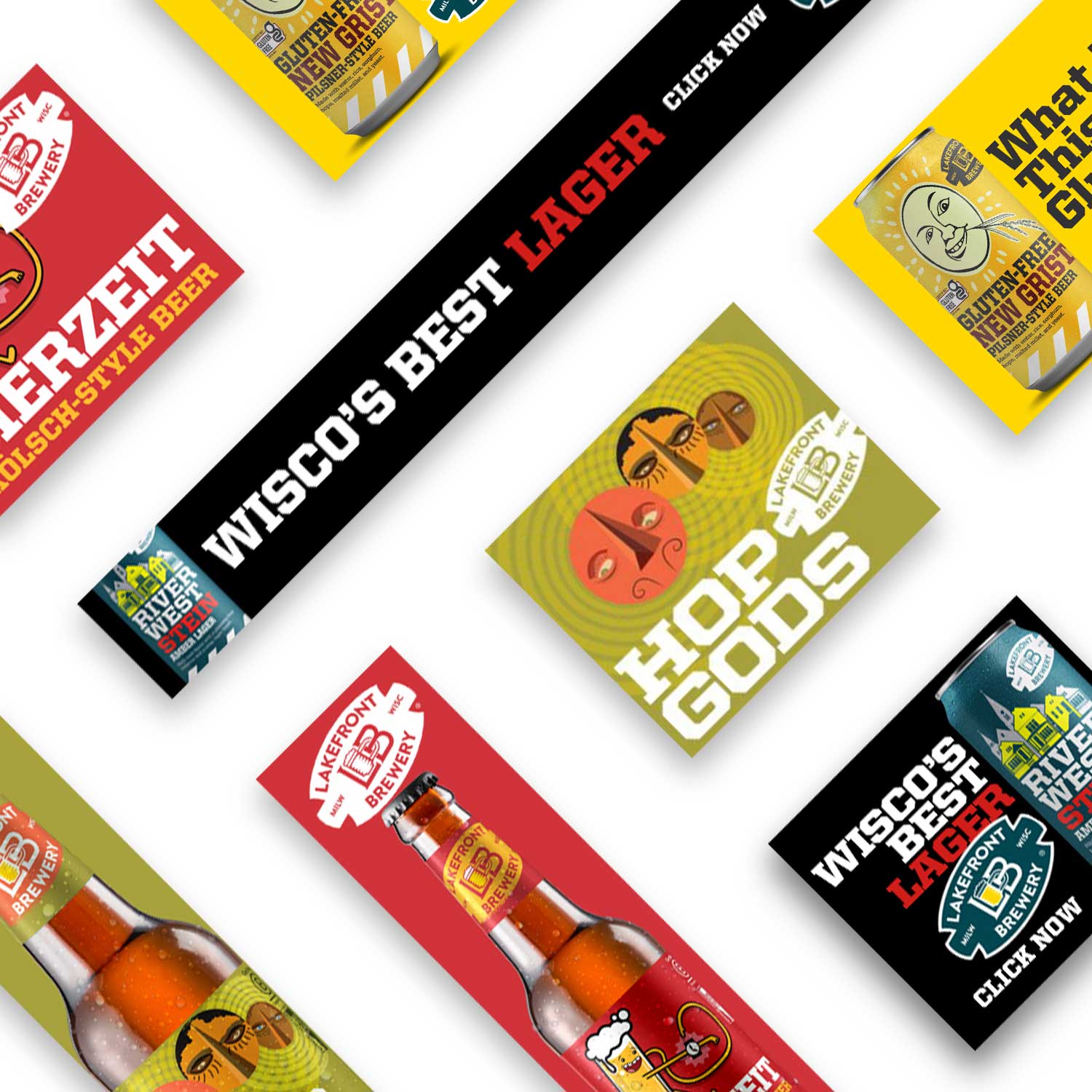 A collection of digital display ad banners designed for Lakefront Brewery, featuring beers like Hop Gods, Riverwest Stein, Wisco's Best Lager, and a gluten-free pilsner, arranged at an angle as a layered collage.
