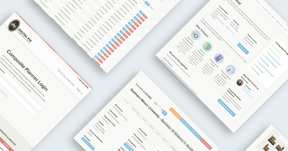 Several screens of the Digital Pix Composites Planner web app—including the login page, a scheduling sign-up sheet, an organization details page, and a "What to Expect" overview—arranged at an angle as a layered collage.